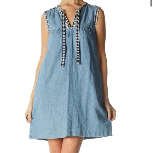 J CREW Washed Chambray Jacquard Print Trim Tie Neck Dress Size Small - Picture 1 of 8